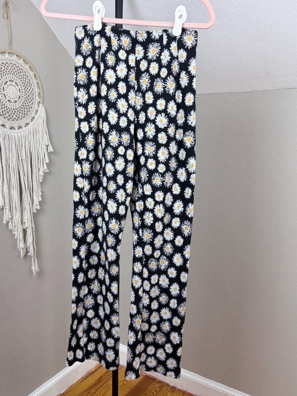 Free People | Black Daisy Floral Jacquard Knit Pull On Flare Pants Retro Boho